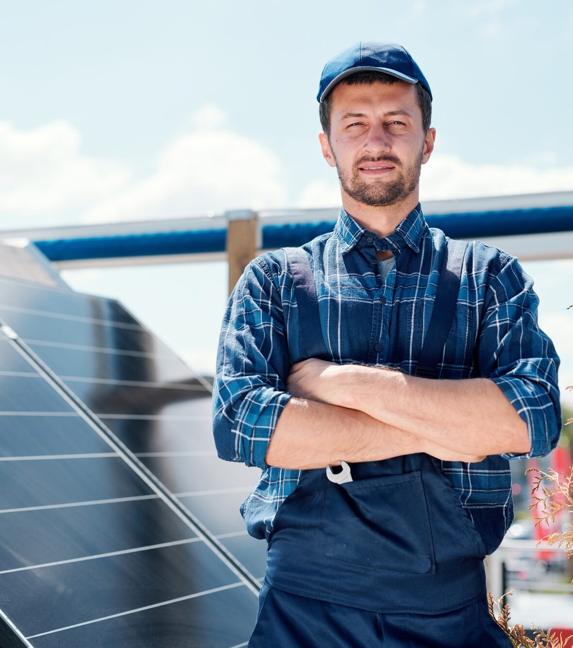 Young successful master of solar panel installation